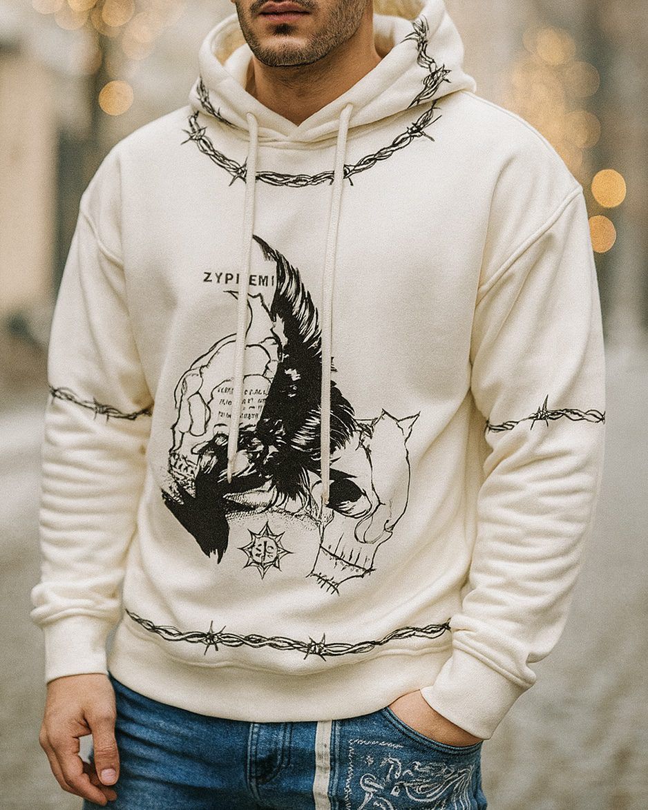 GRAPHIC BARBED HOODIE – WHITE 1