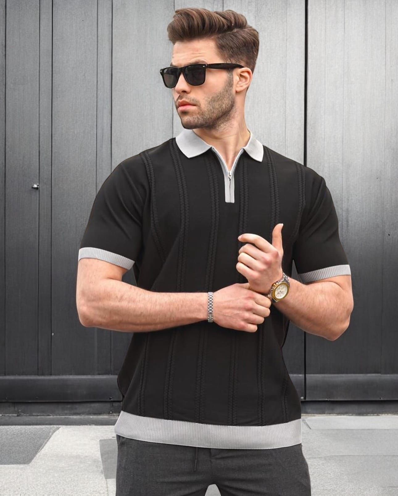 Knitted Zip Polo – Black/Grey gallery.thumbnail 1