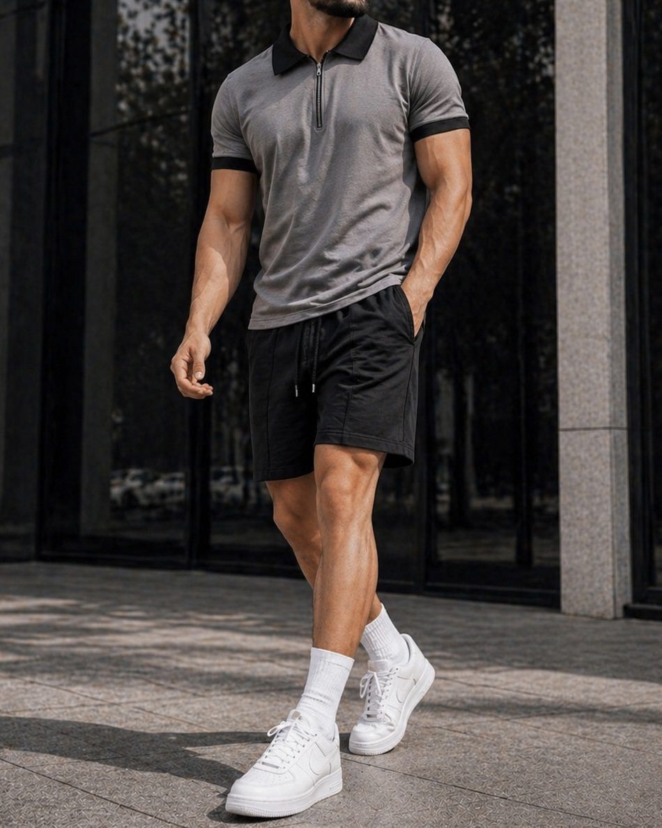Polo Shirt and Shorts Set – Grey/Black gallery.thumbnail 2