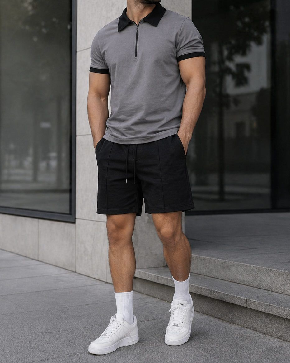 Polo Shirt and Shorts Set – Grey/Black gallery.thumbnail 3