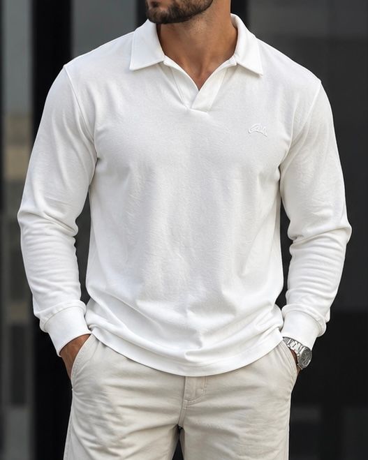 LONG-SLEEVE OPEN COLLAR POLO – WHITE  gallery.thumbnail 1