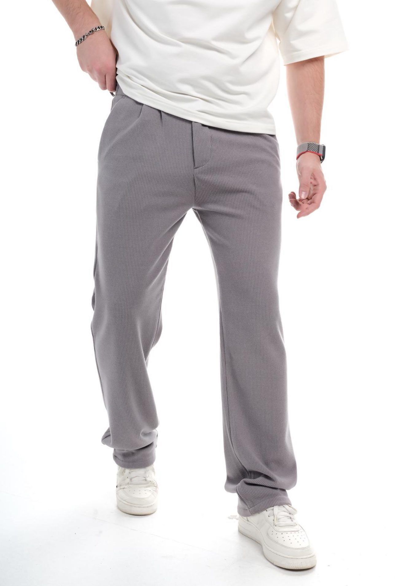 RIBBED STRAIGHT-FIT TROUSERS – GREY gallery.thumbnail 1