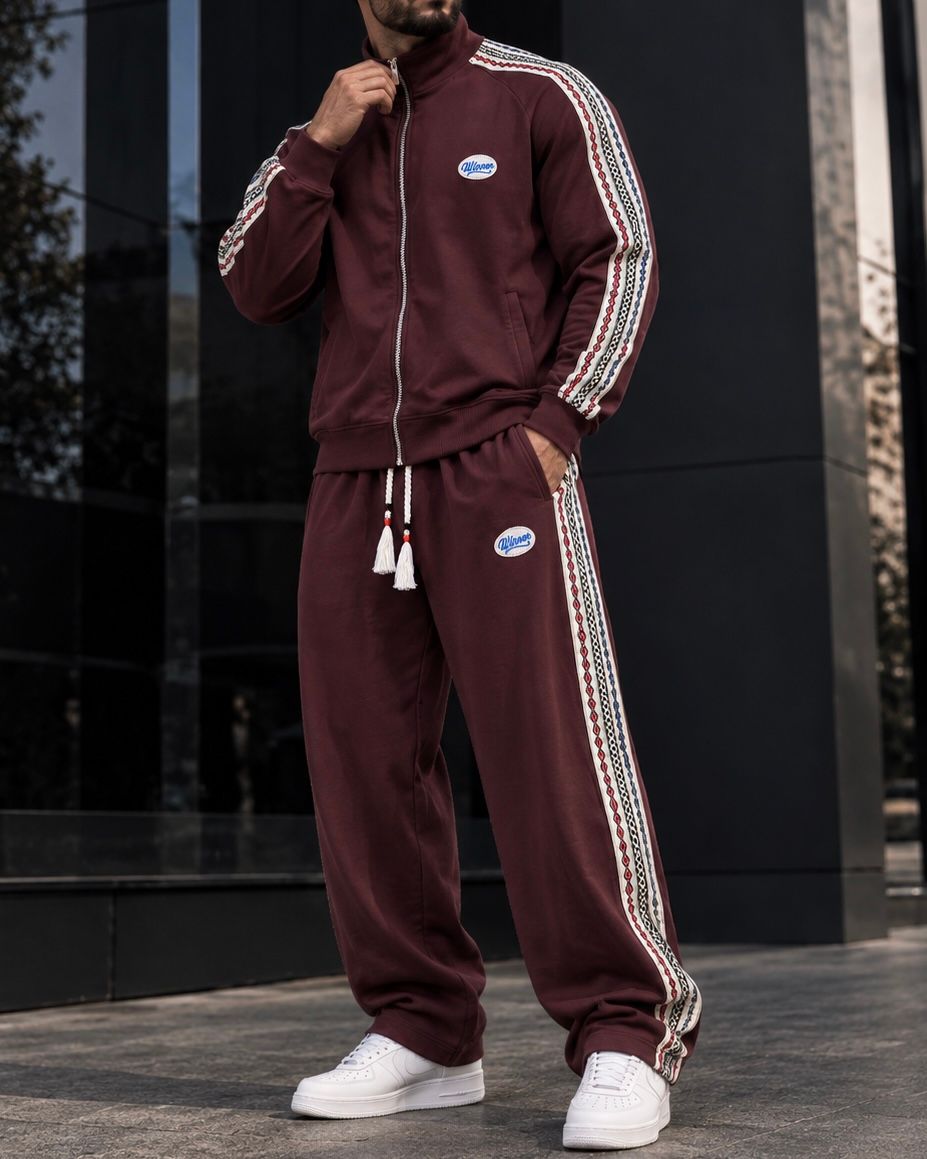 Burgundy Contrast Tape Tracksuit Set gallery.thumbnail 3