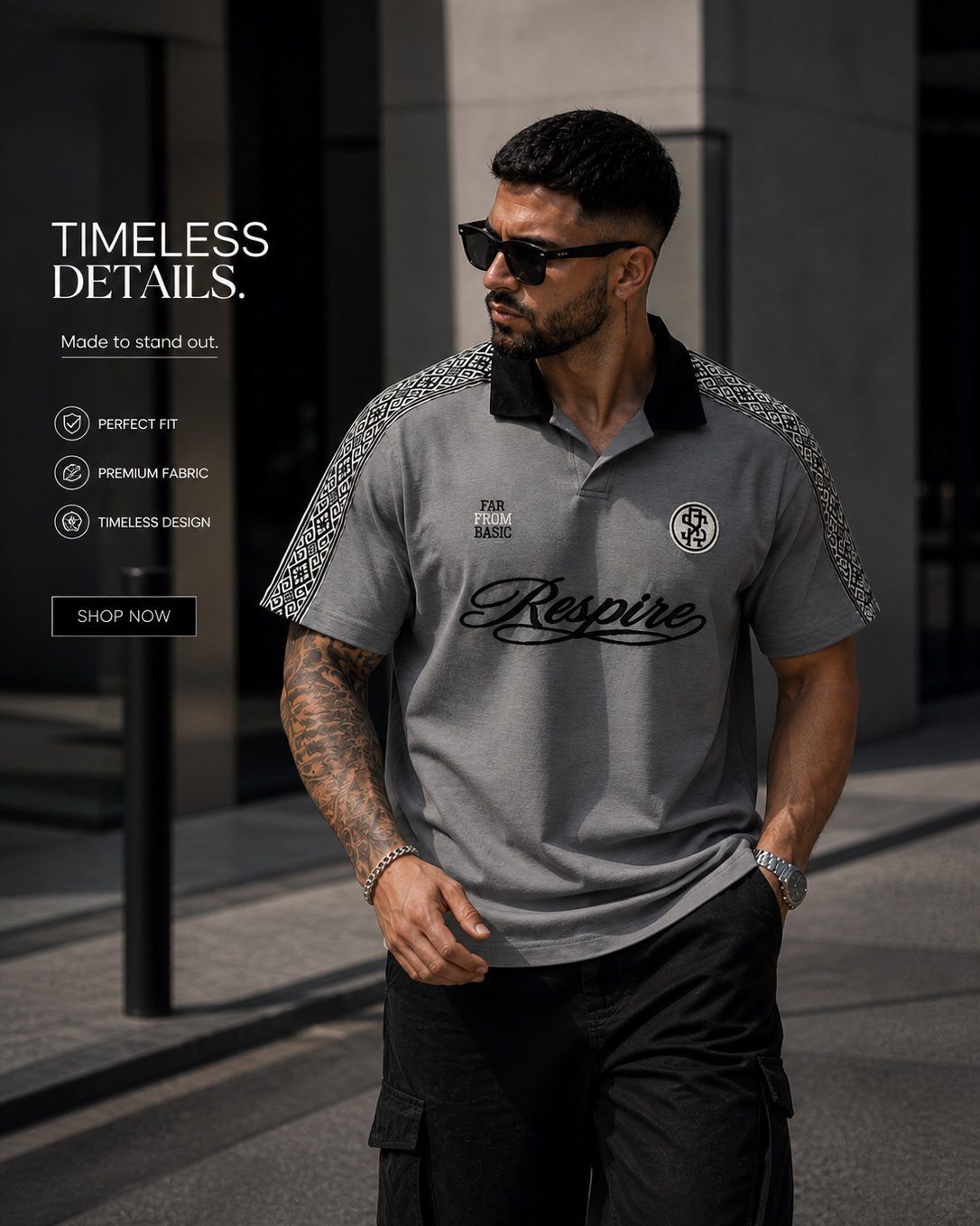 Contrast Stripe Polo Shirt – Grey gallery.thumbnail 2