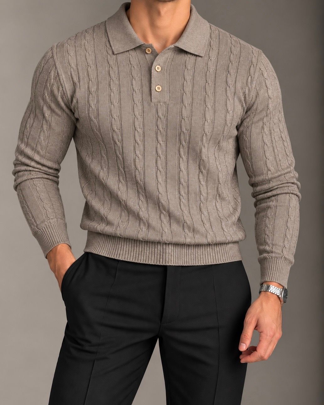 Beige Textured Knit Polo Sweater gallery.thumbnail 1