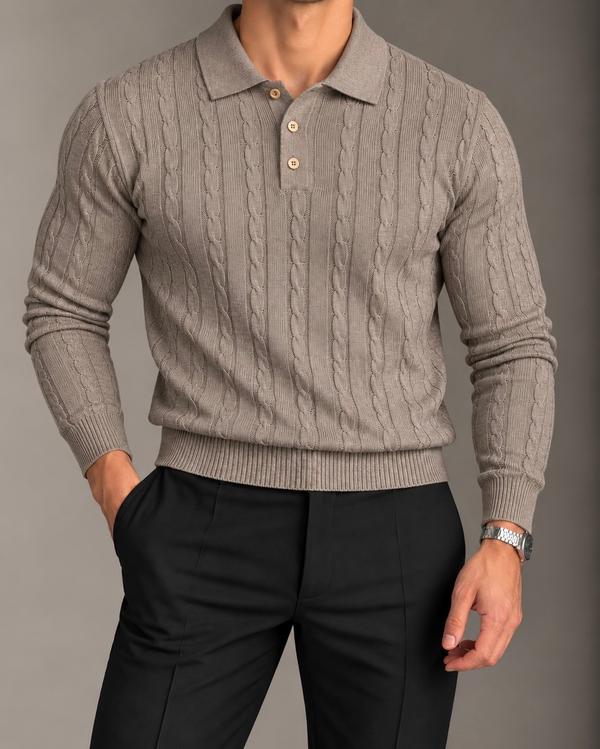 Beige Textured Knit Polo Sweater