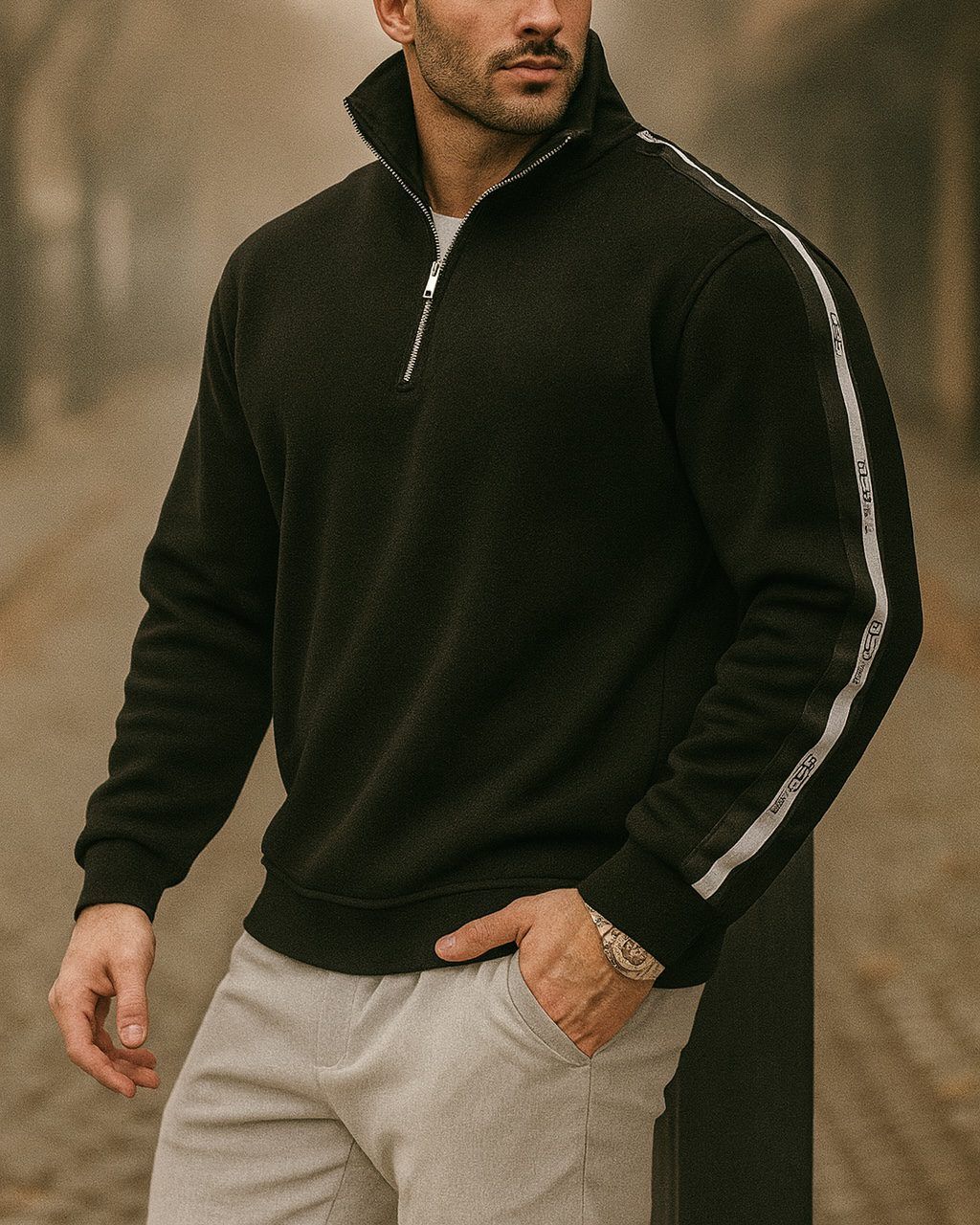 BLACK HALF-ZIP SWEATSHIRT WITH SIDE STRIPE gallery.thumbnail 1