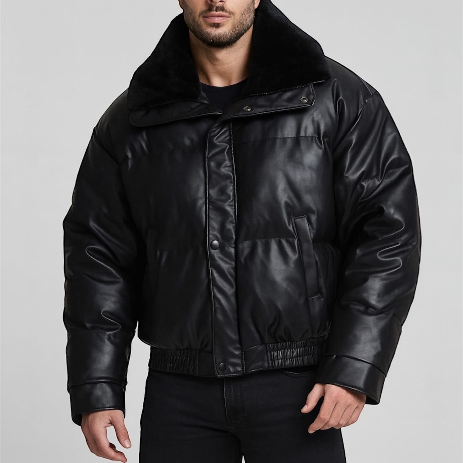 Faux Leather Oversized Padded Jacket – Black gallery.thumbnail 1