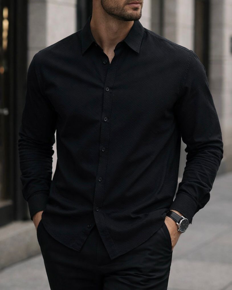 Textured Long Sleeve Shirt – Black gallery.thumbnail 1