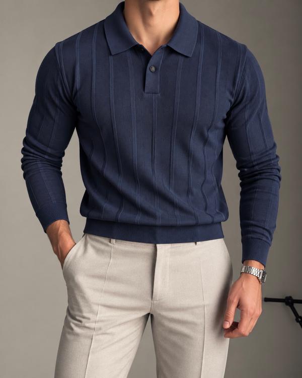 Navy Blue Vertical Rib Knit Polo