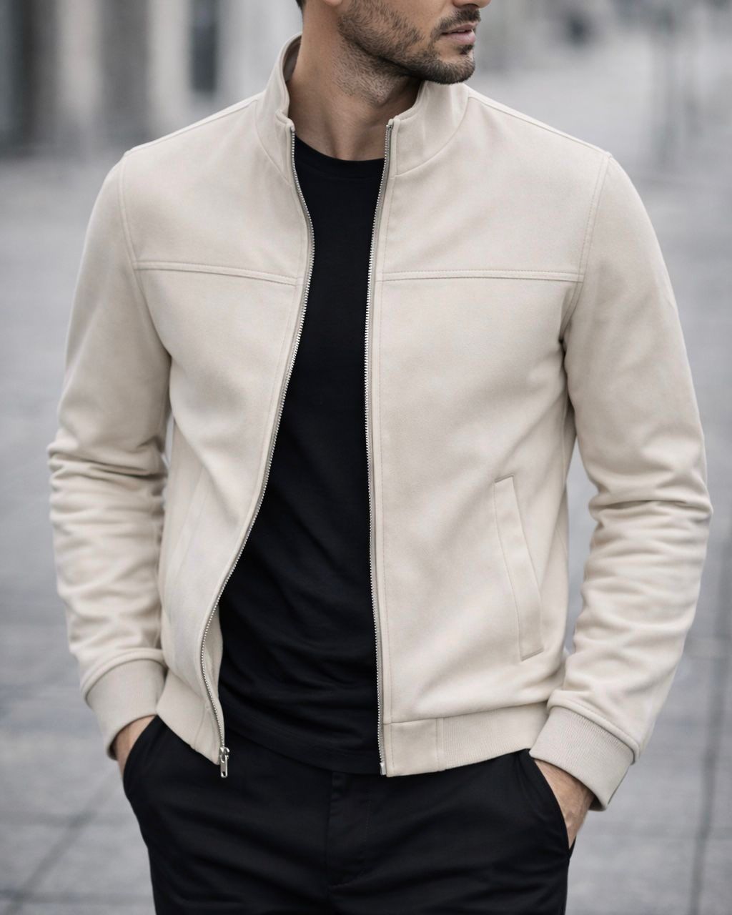 Suede Stand Collar Jacket – Cream gallery.thumbnail 2