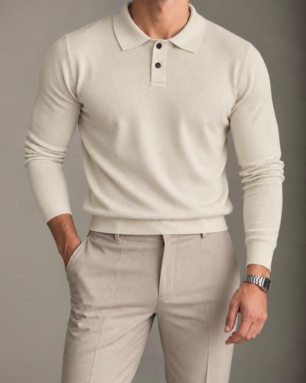 Beige Long Sleeve Knit Polo