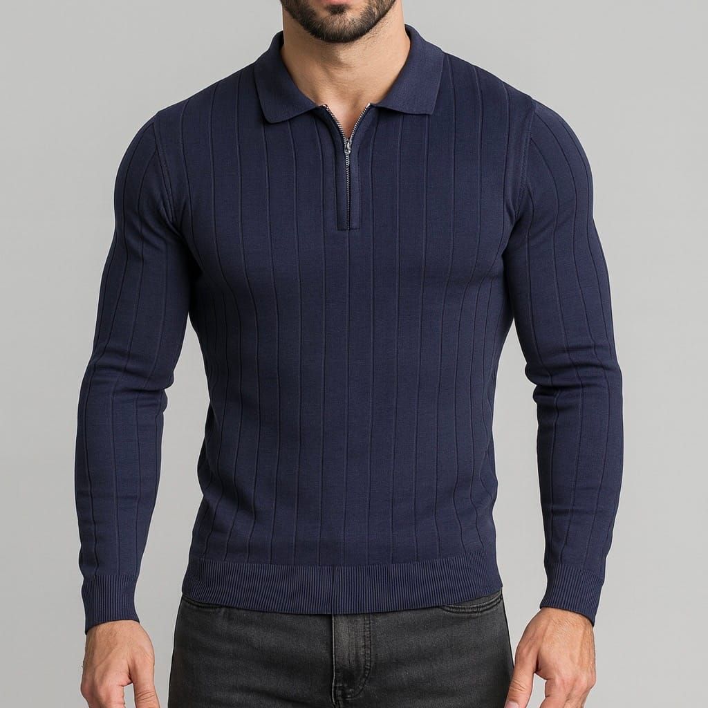 Navy Ribbed Zip Polo Sweater gallery.thumbnail 1