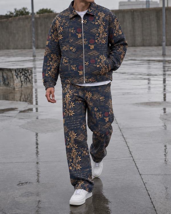 Navy Blue Oriental Print Matching Set