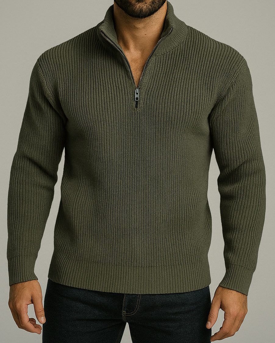 HALF-ZIP RIBBED KNIT SWEATER – OLIVE GREEN gallery.thumbnail 2