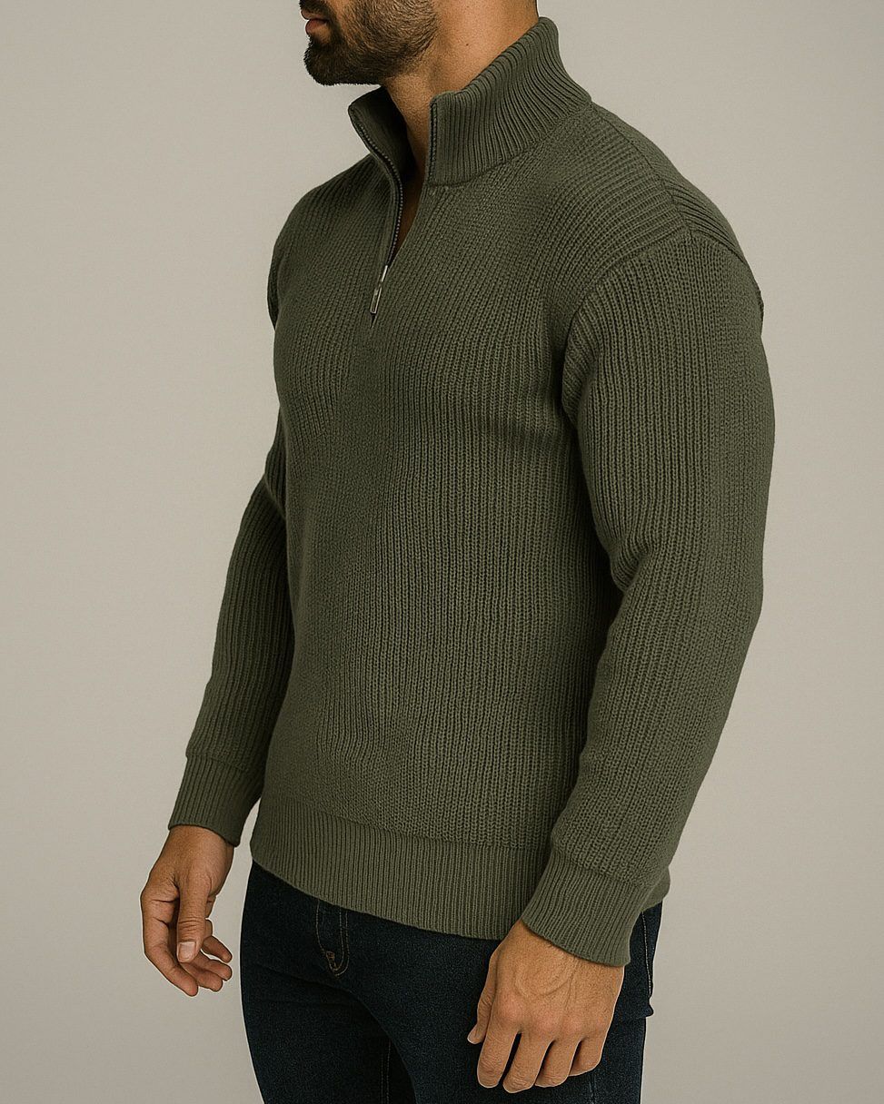 HALF-ZIP RIBBED KNIT SWEATER – OLIVE GREEN gallery.thumbnail 3