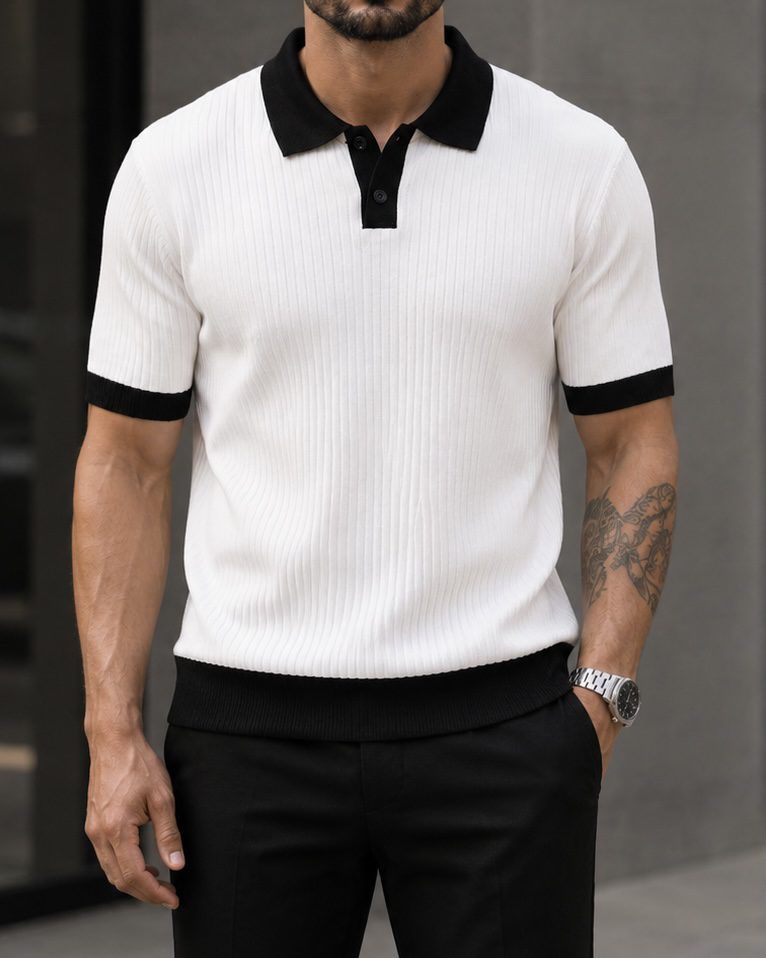 Ribbed Contrast Polo Knit – White gallery.thumbnail 1