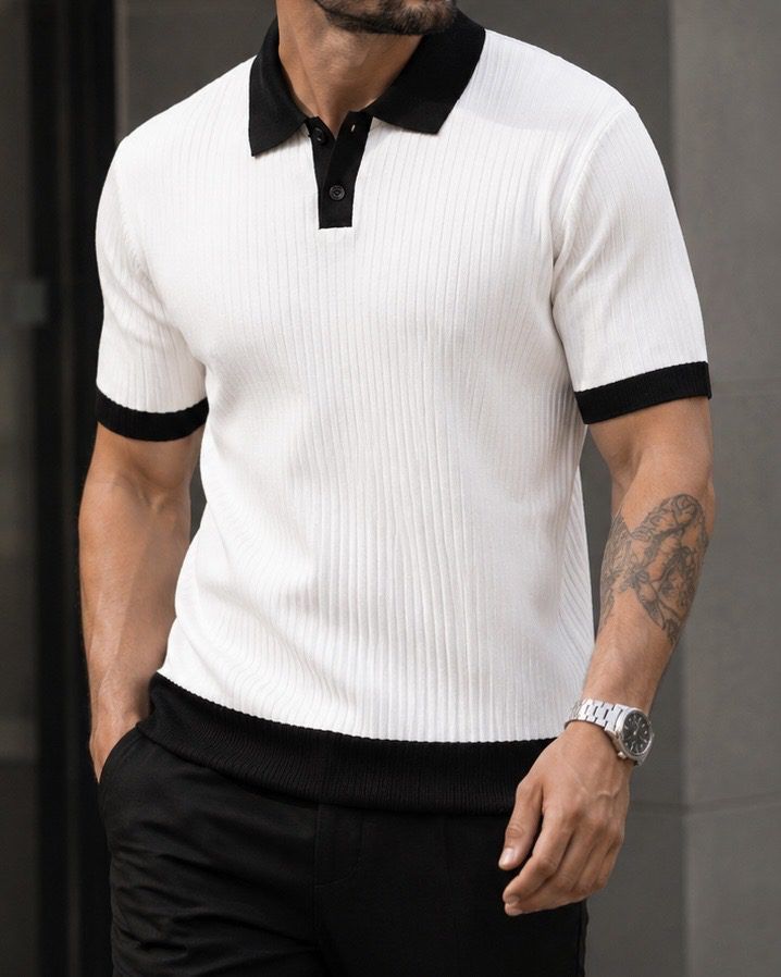 Ribbed Contrast Polo Knit – White gallery.thumbnail 2