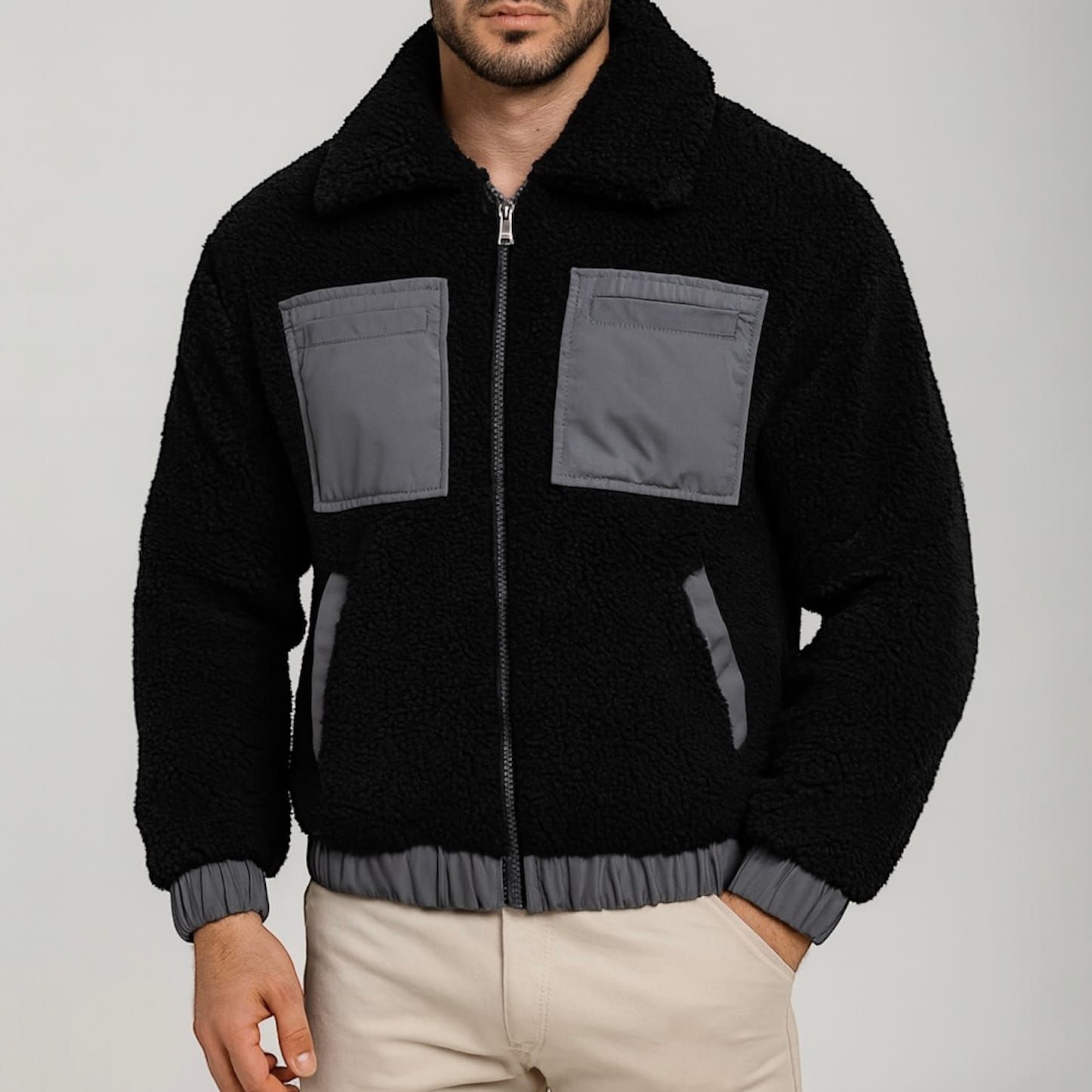 Black Sherpa Jacket with Grey Pocket Panels gallery.thumbnail 1