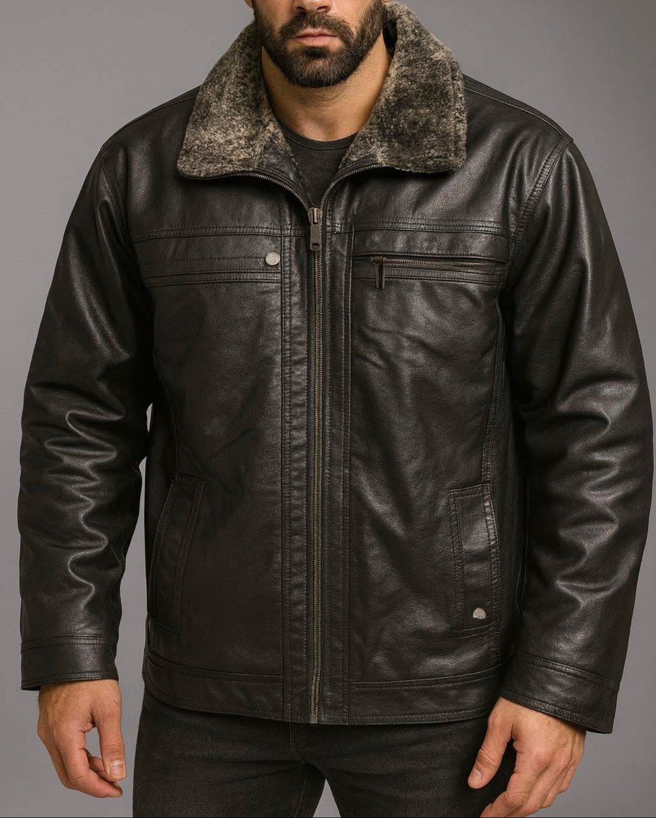 LUX FUR-COLLAR LEATHER JACKET – BLACK gallery.thumbnail 1