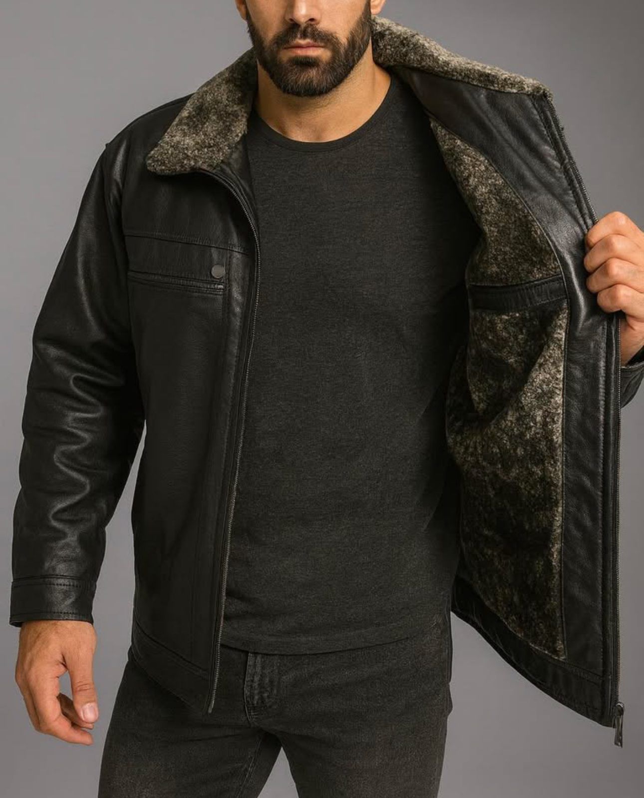 LUX FUR-COLLAR LEATHER JACKET – BLACK gallery.thumbnail 2