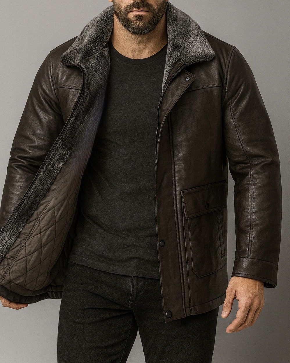 LUX FUR-COLLAR LEATHER JACKET – DARK BROWN gallery.thumbnail 2