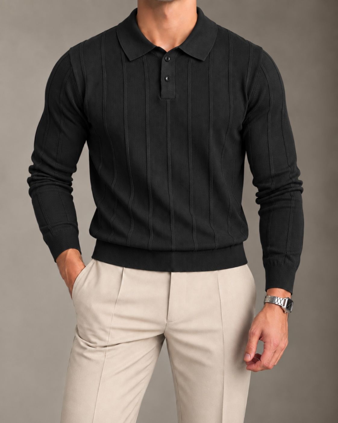 Black Vertical Knit Long Sleeve Polo gallery.thumbnail 1