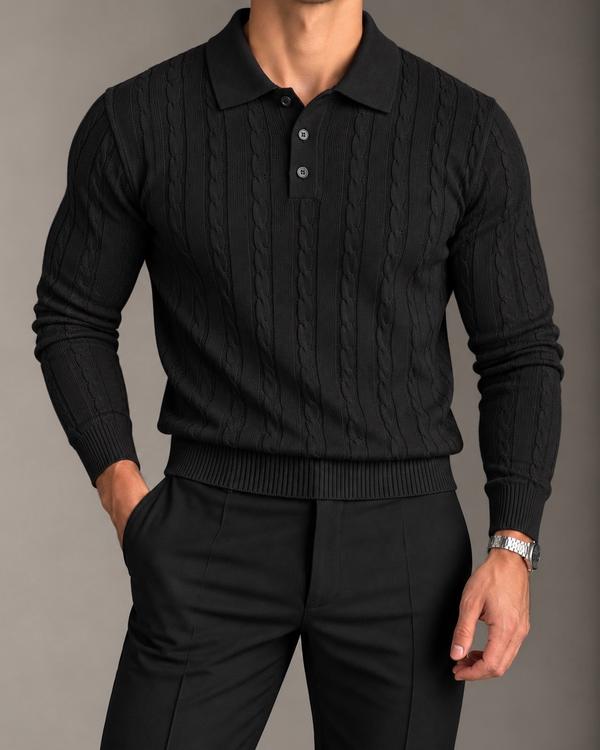 Black Textured Knit Polo Sweater