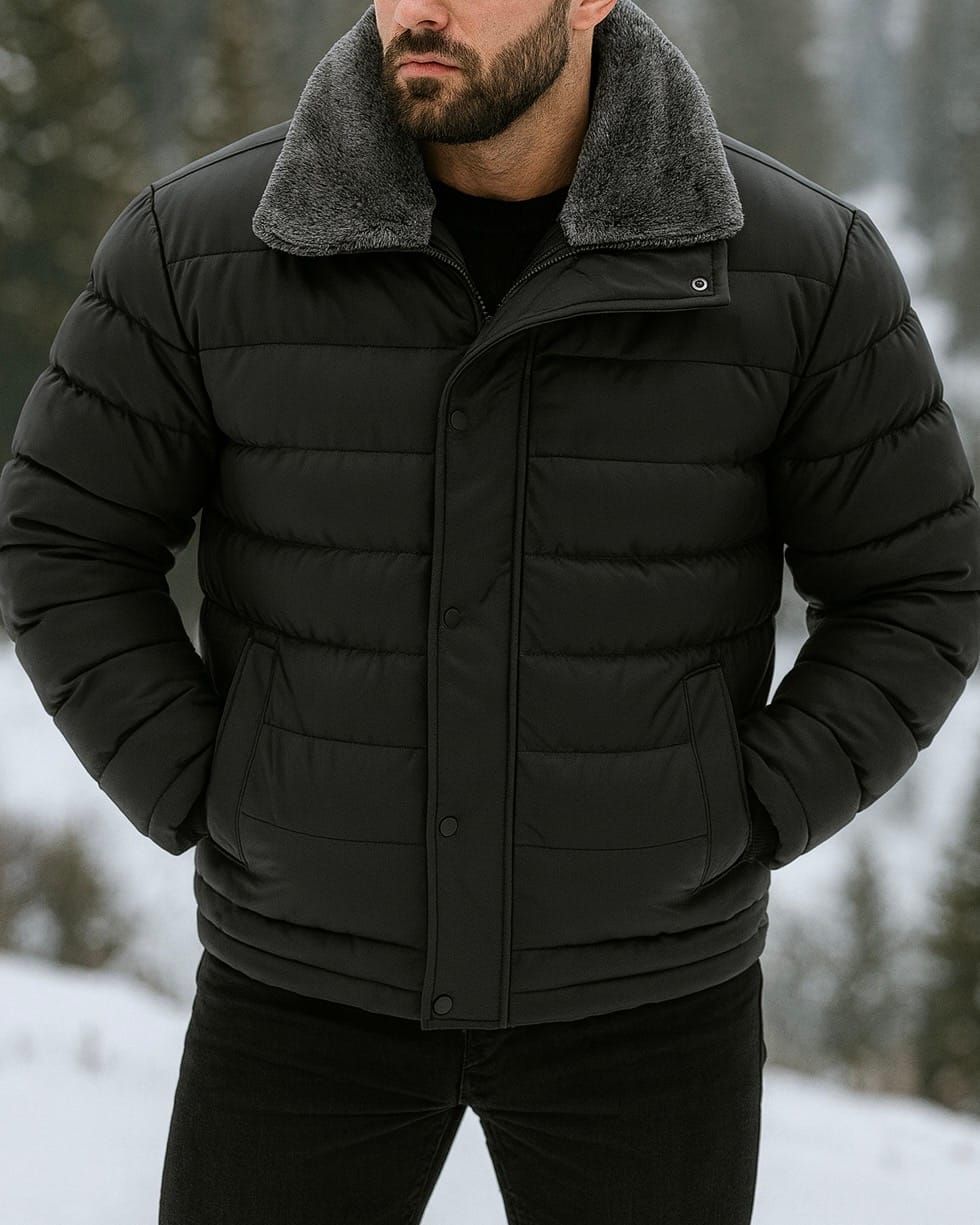 Black Puffer Jacket with Fur Collar gallery.thumbnail 1