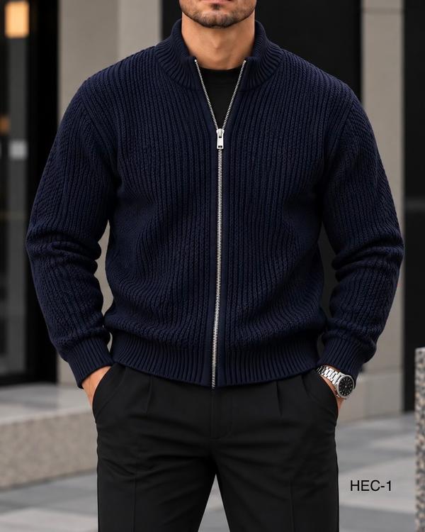 Navy Blue Ribbed Full-Zip Knit Jacket