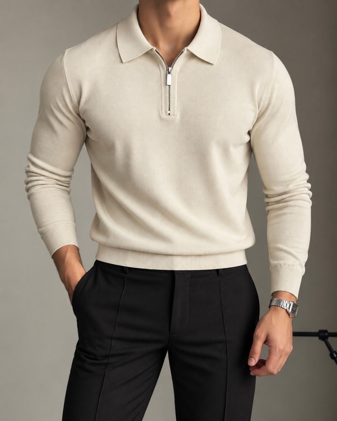 Beige Quarter Zip Knit Polo gallery.thumbnail 1