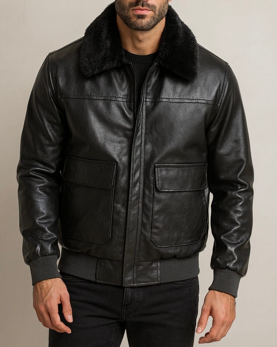 Black Leather Bomber Jacket with Fur Collar gallery.thumbnail 1
