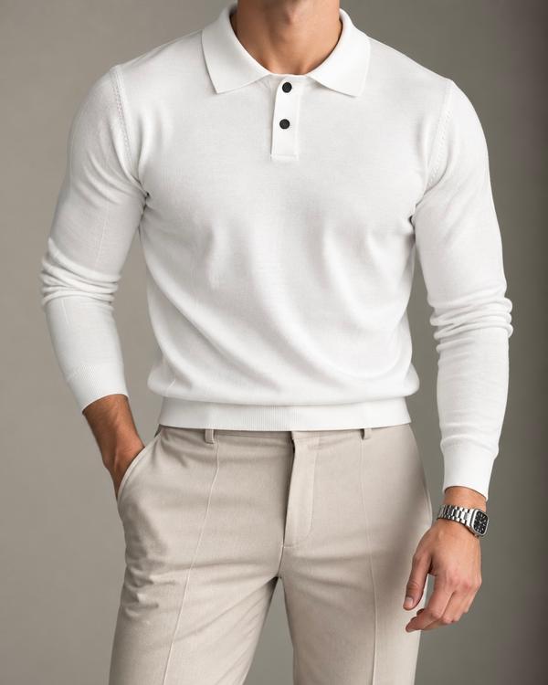 White Long Sleeve Knit Polo