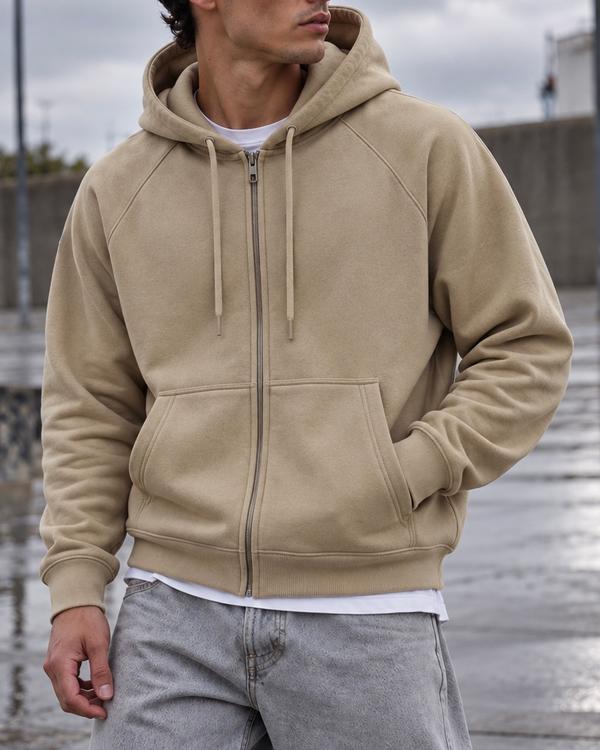 Beige Essential Raglan Zip Hoodie
