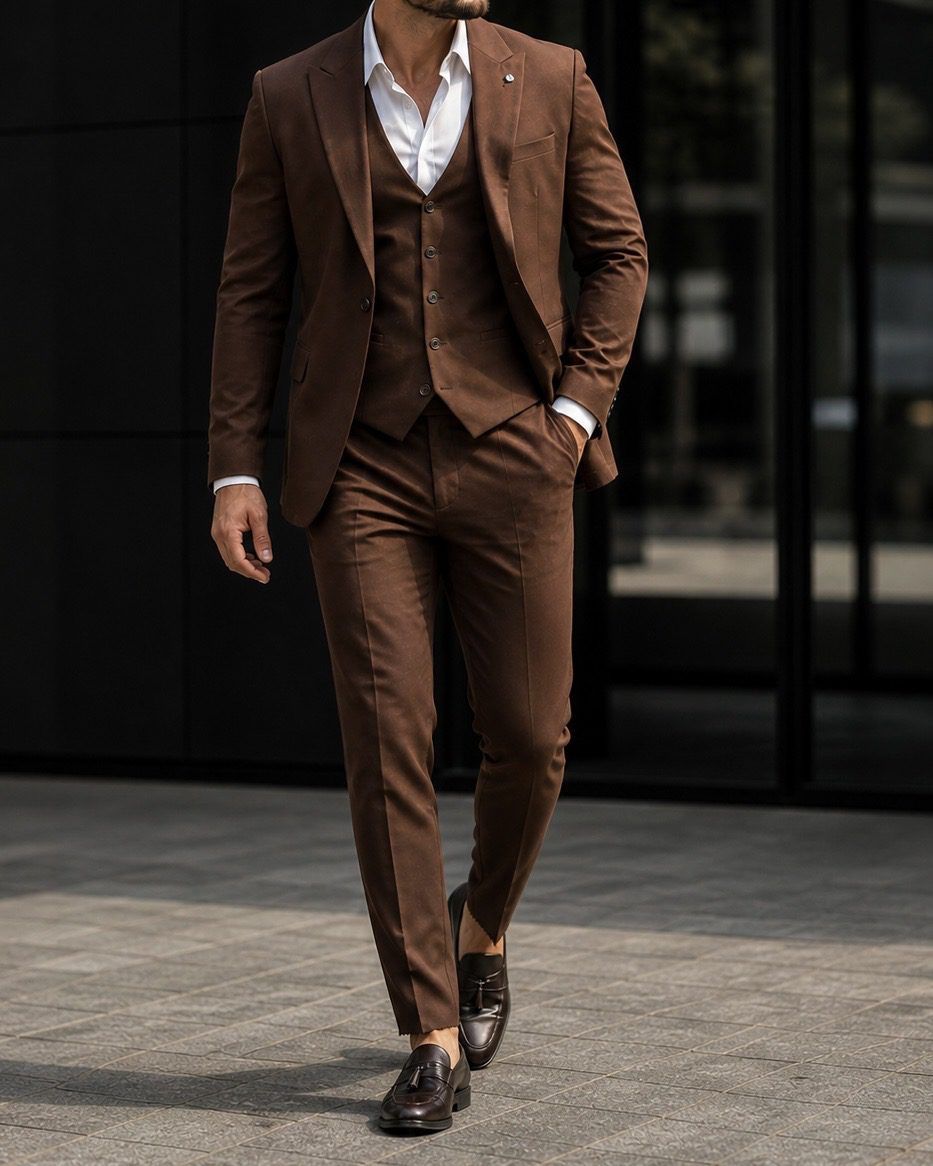 Slim Fit 3-Piece Suit – Brown gallery.thumbnail 3