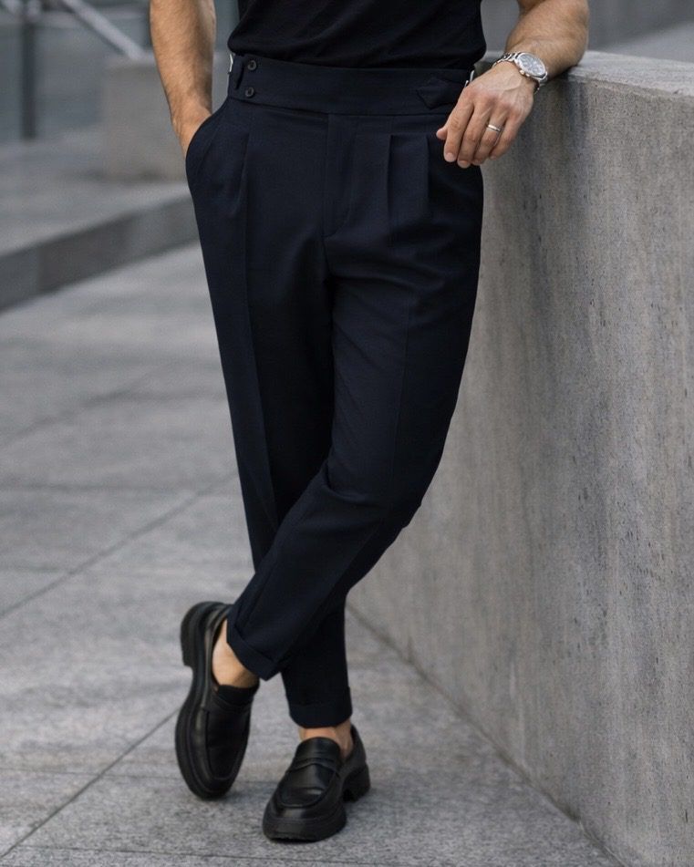 Double Pleat Side Adjuster Trousers – Navy gallery.thumbnail 1