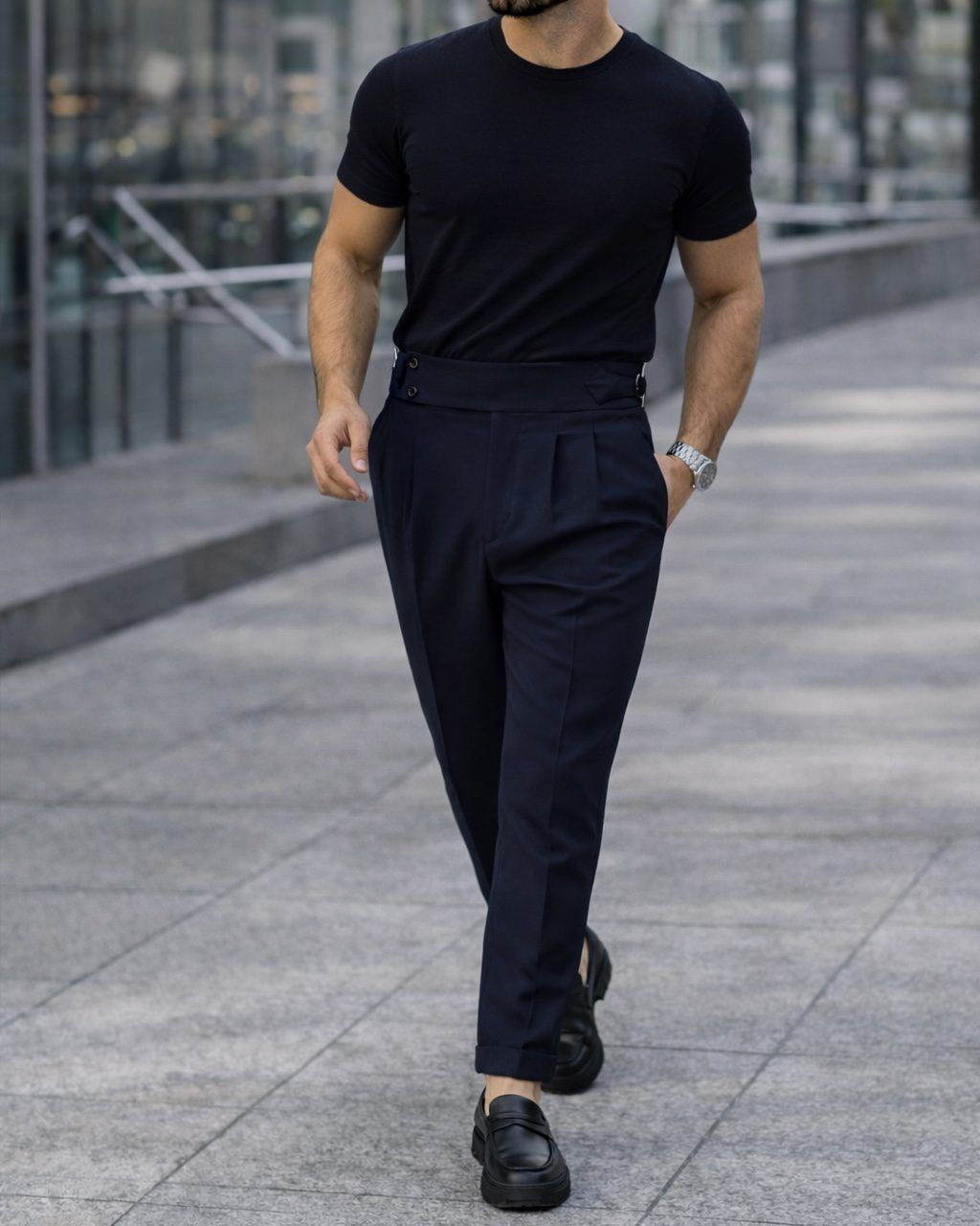 Double Pleat Side Adjuster Trousers – Navy gallery.thumbnail 2