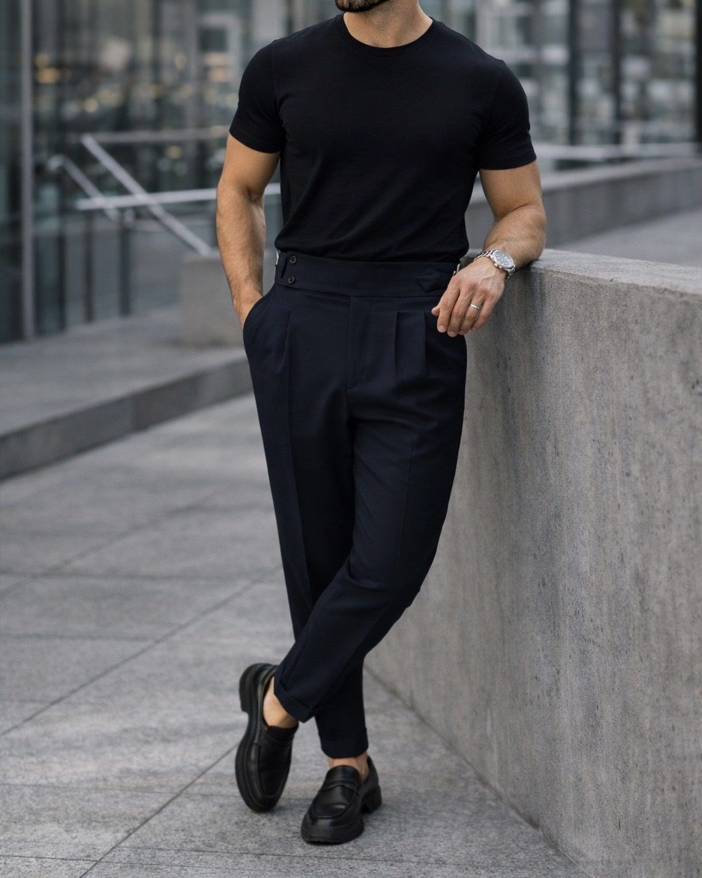 Double Pleat Side Adjuster Trousers – Navy gallery.thumbnail 3