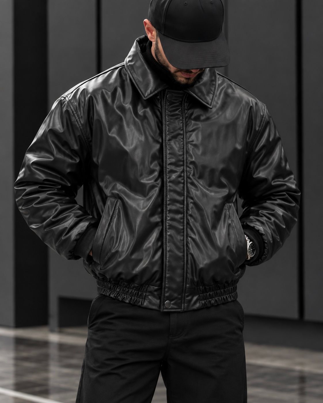 Leather-Look Collared Bomber Jacket – Black 1