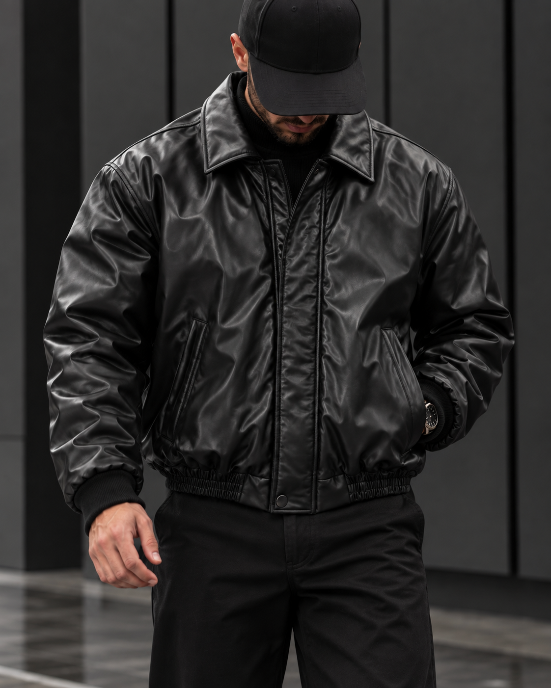 Leather-Look Collared Bomber Jacket – Black gallery.thumbnail 2