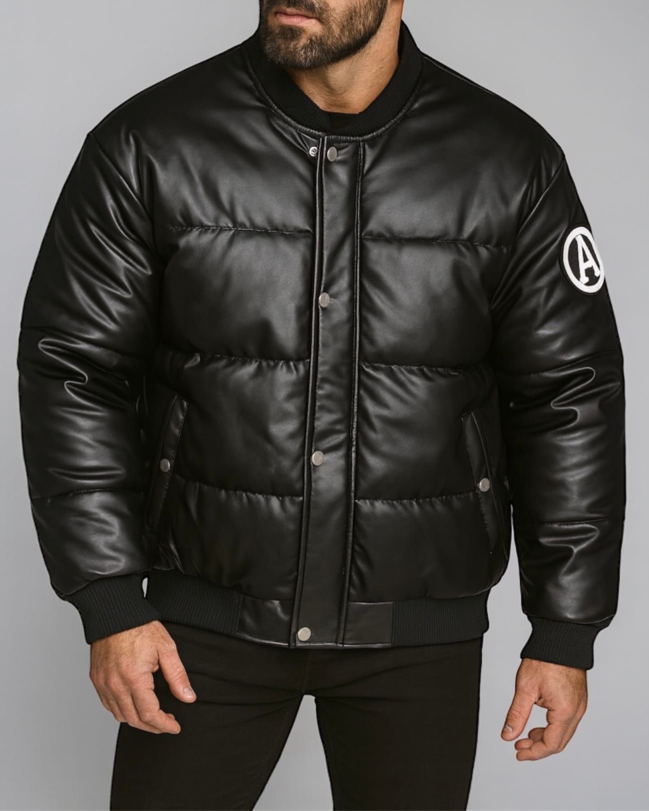 LEATHER VARSITY PADDED JACKET – BLACK gallery.thumbnail 1