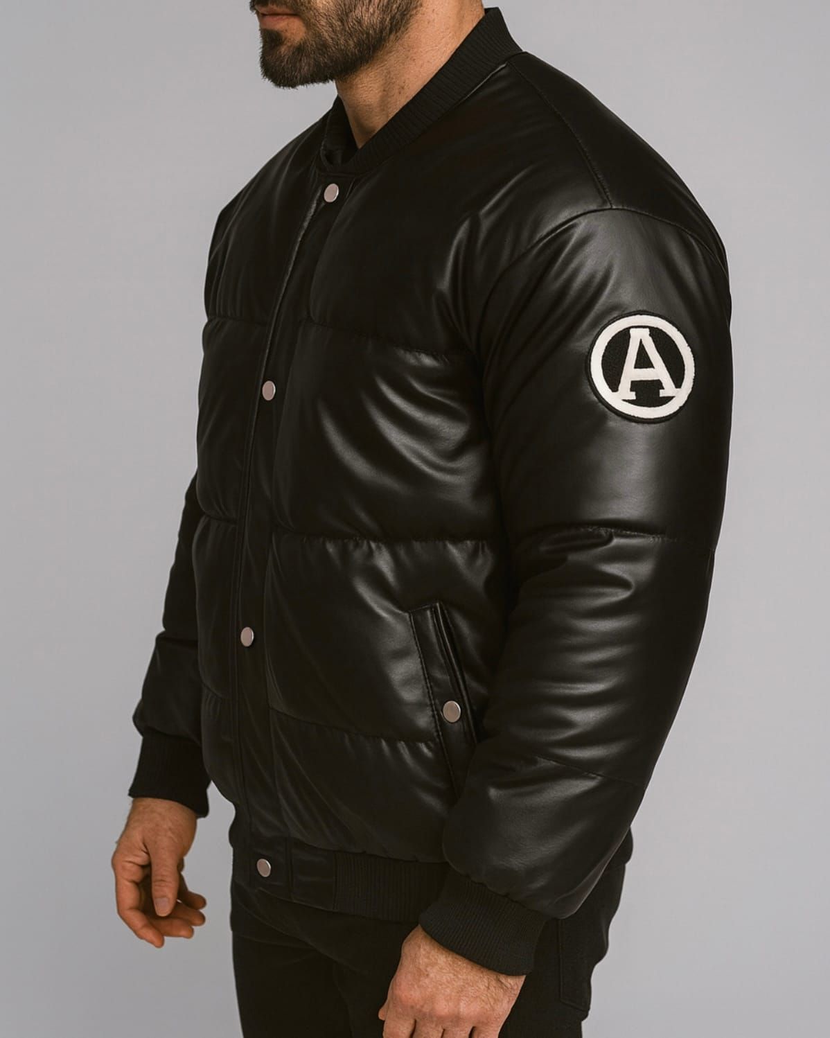 LEATHER VARSITY PADDED JACKET – BLACK gallery.thumbnail 2