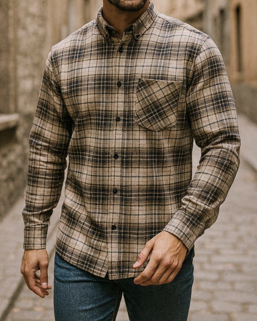 BEIGE FLANNEL CHECK SHIRT gallery.thumbnail 1
