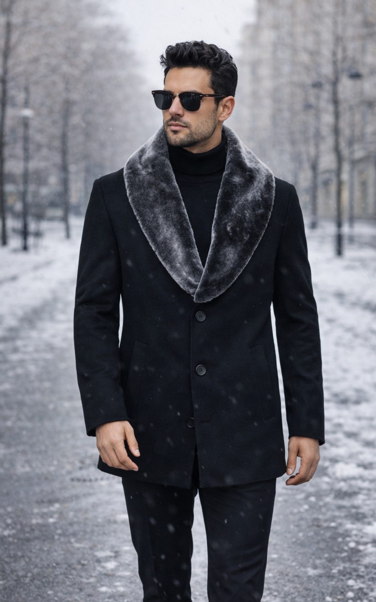 Luxury Wool Coat with Fur Collar – Black Edition 1