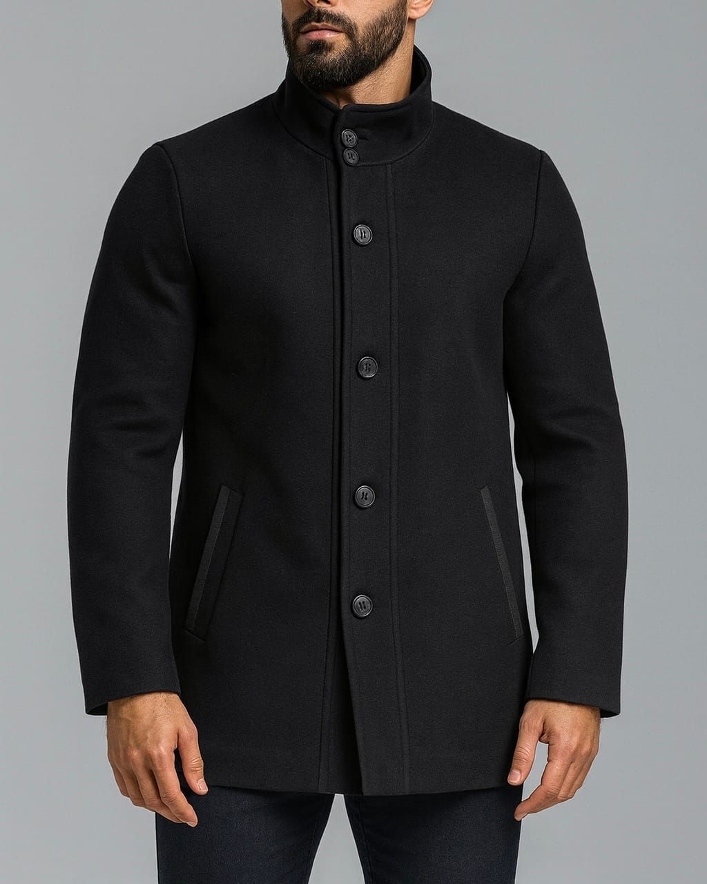 STAND COLLAR WOOL COAT – BLACK gallery.thumbnail 2