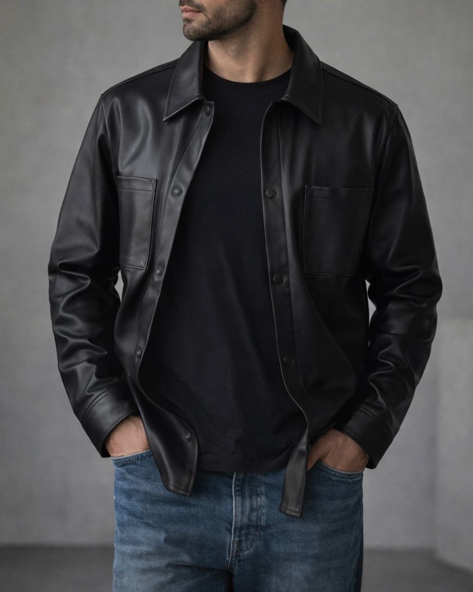 Leather Overshirt Jacket – Black gallery.thumbnail 2
