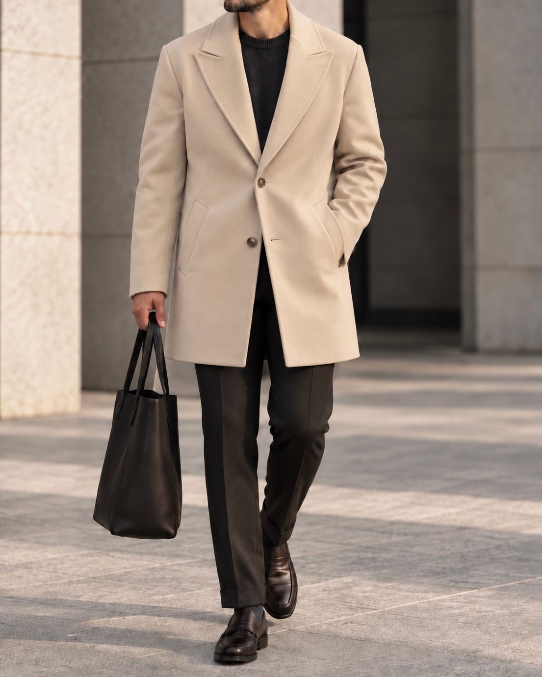 Beige Single-Breasted Tailored Coat 1