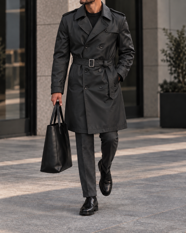 Black Double-Breasted Leather Trench Coat