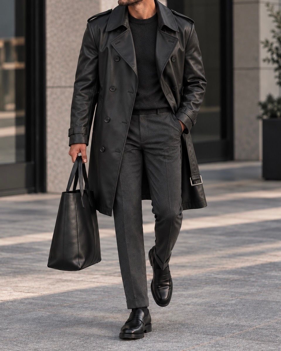 Black Double-Breasted Leather Trench Coat gallery.thumbnail 2