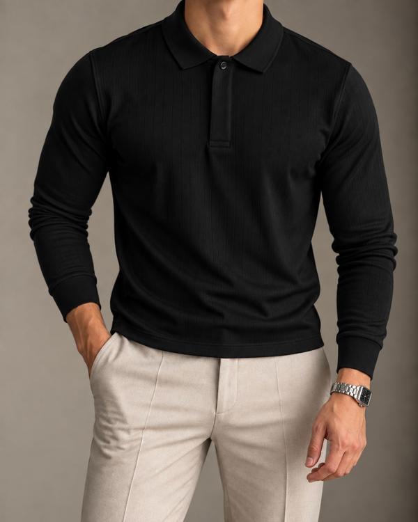 Black Ribbed Long Sleeve Polo